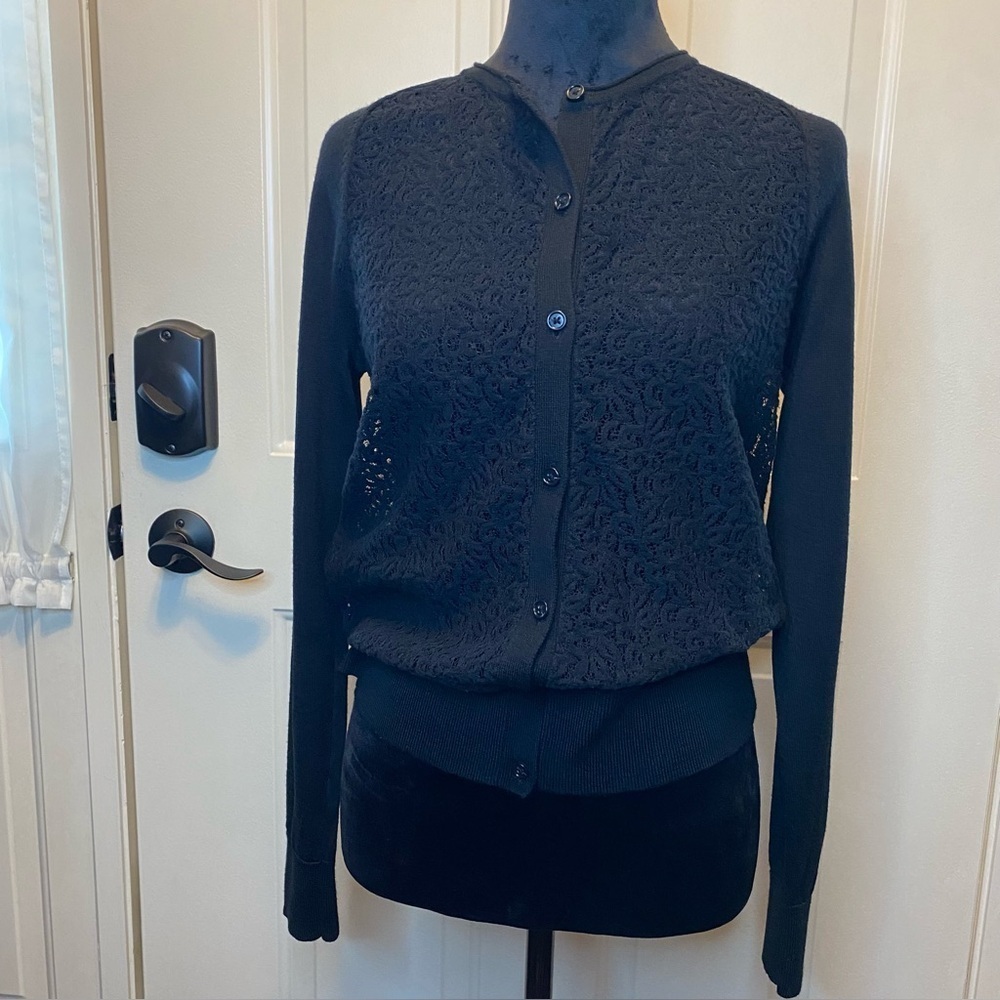 LOFT Lace Front Wool Blend Cardigan Sz Medium Full Button Crewneck Gothic Chic